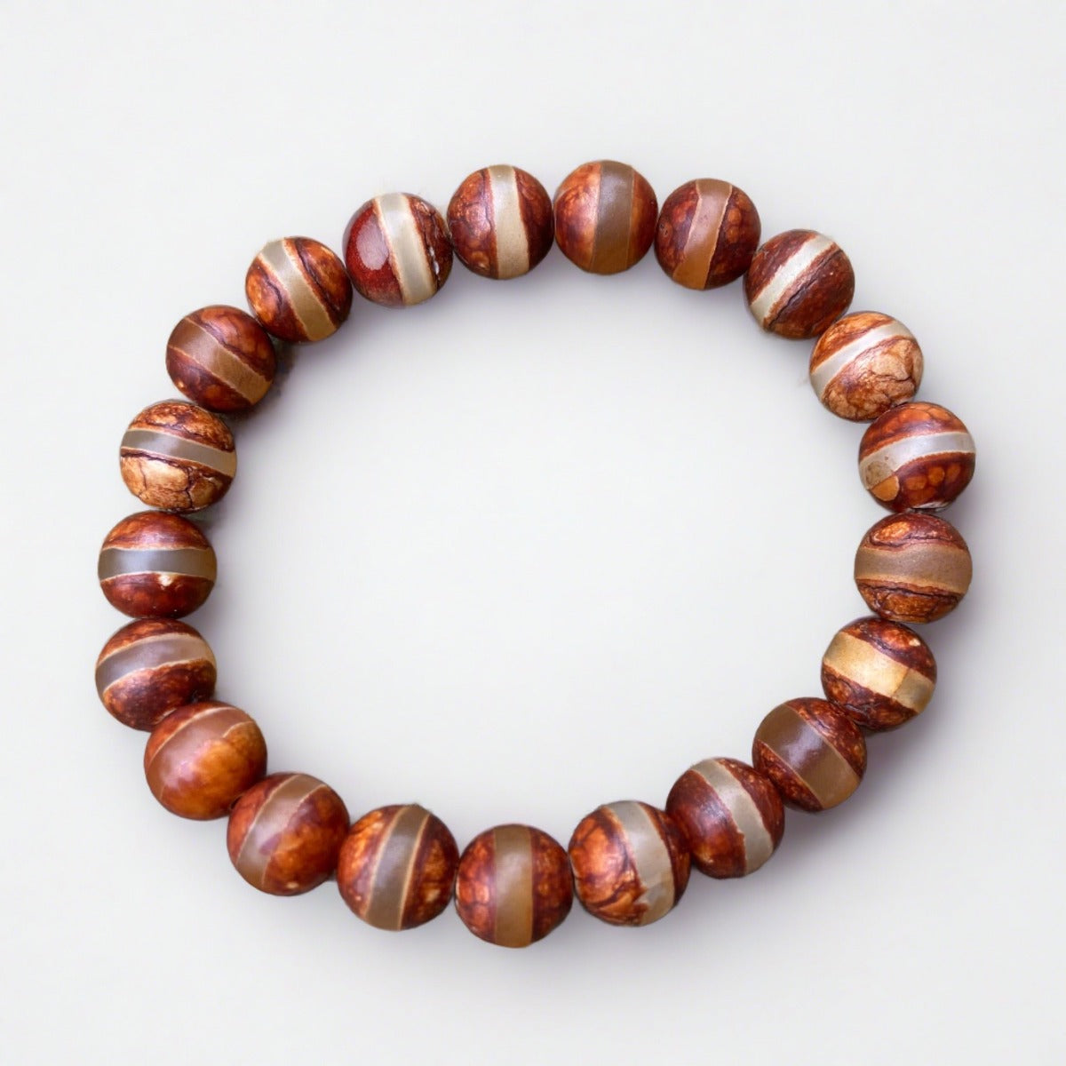 Tibetan (Dzi) Agate Rust Banded Stretch Cord Bracelet for Mindfulness