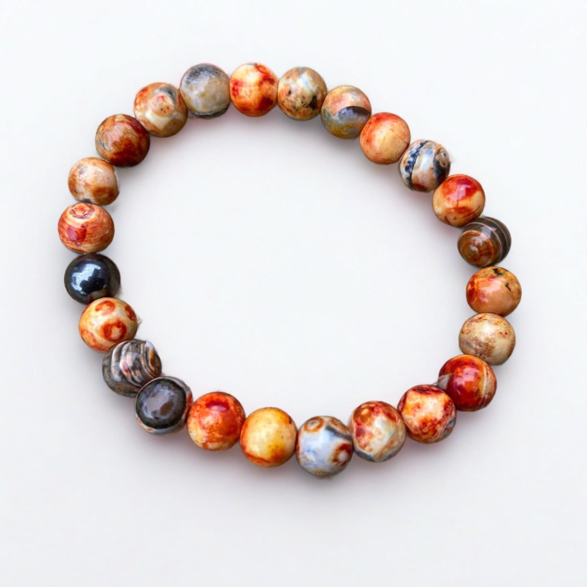 Molten fire agate stretch cord mala bracelet representing mindfulness jewelry