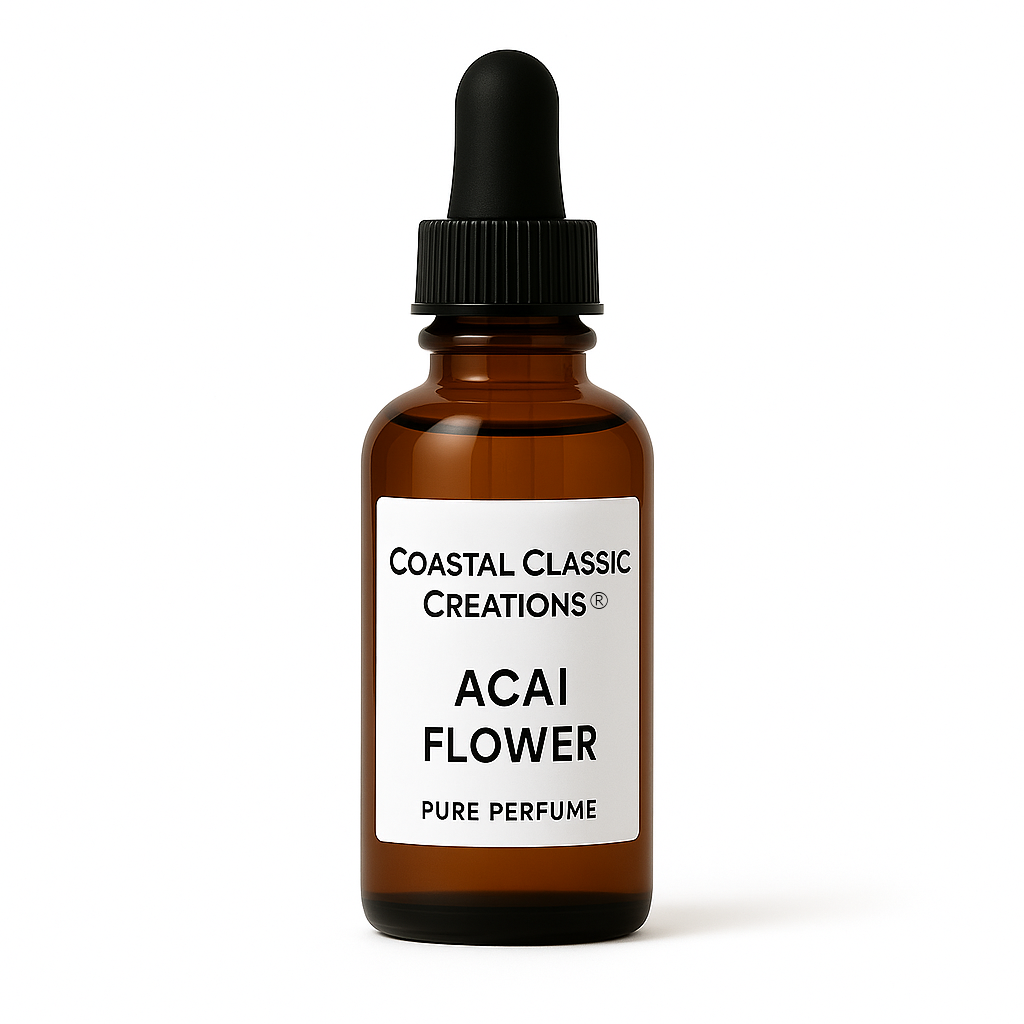Amber dropper bottle of Acai Flower Pure Perfume with white label and black text, shown on a white background