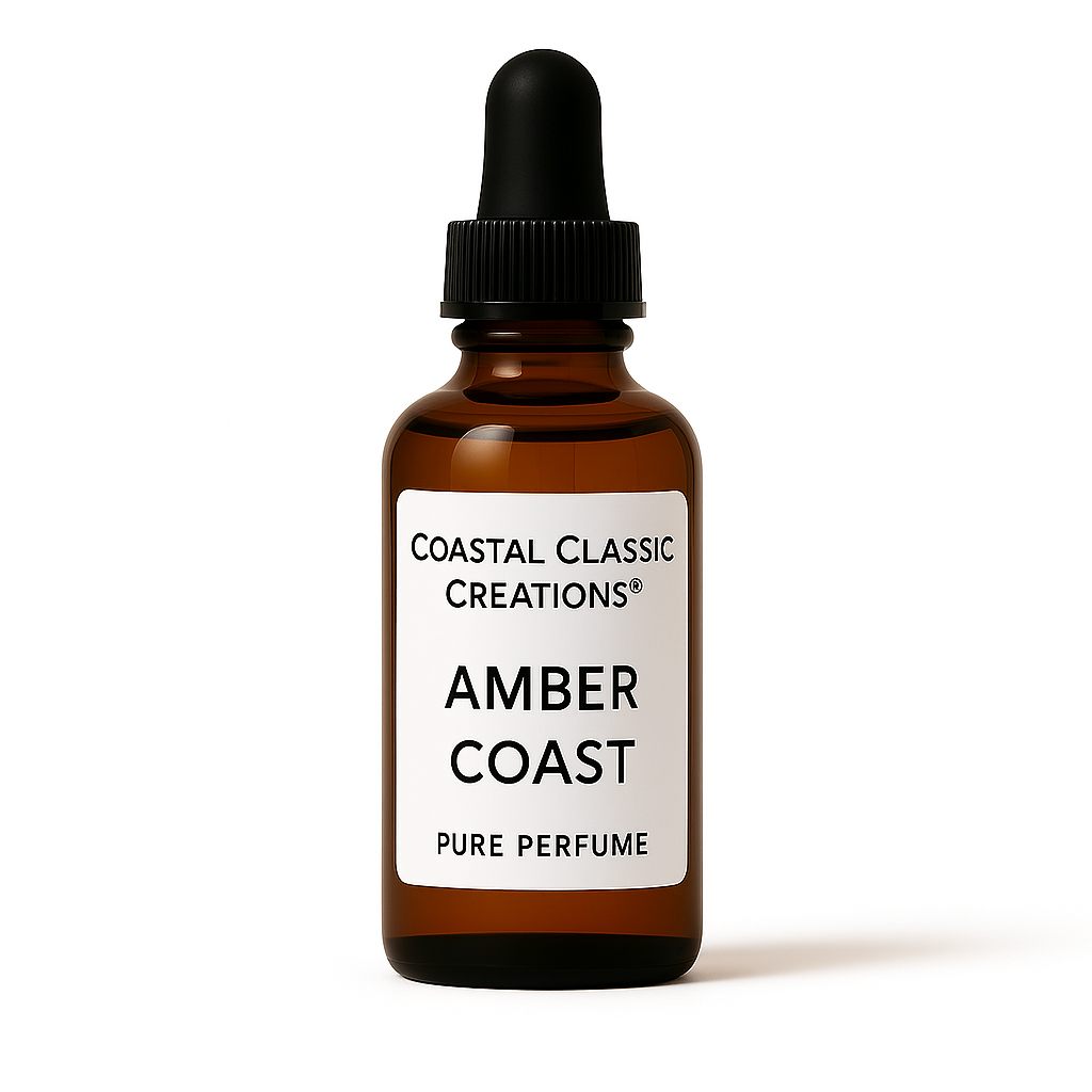 Bottle of Amber Coast Type Pure Perfume with notes of bergamot, rose, jasmine, orris, amber, vanilla, sandalwood, and musk