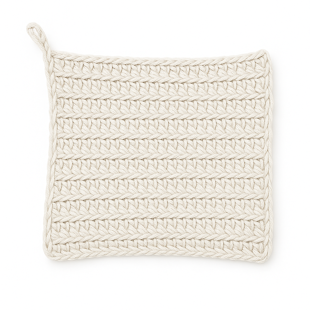 Natural beige hand-crocheted square hemp washcloth with textured stitching and corner loop, shown flat on a white background