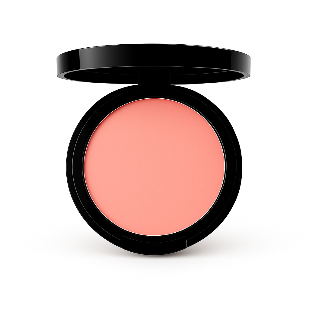 Open black compact with matte powder blush in vibrant apricot-pink coral shade, smooth pressed surface, on a pure white background