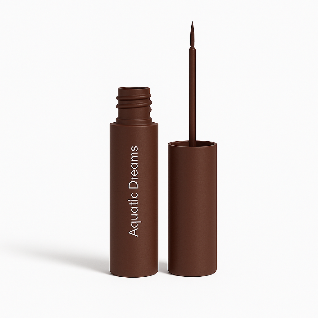 Open brown liquid eyeliner tube labeled “Aquatic Dreams” with fine-tipped brush applicator upright on white background