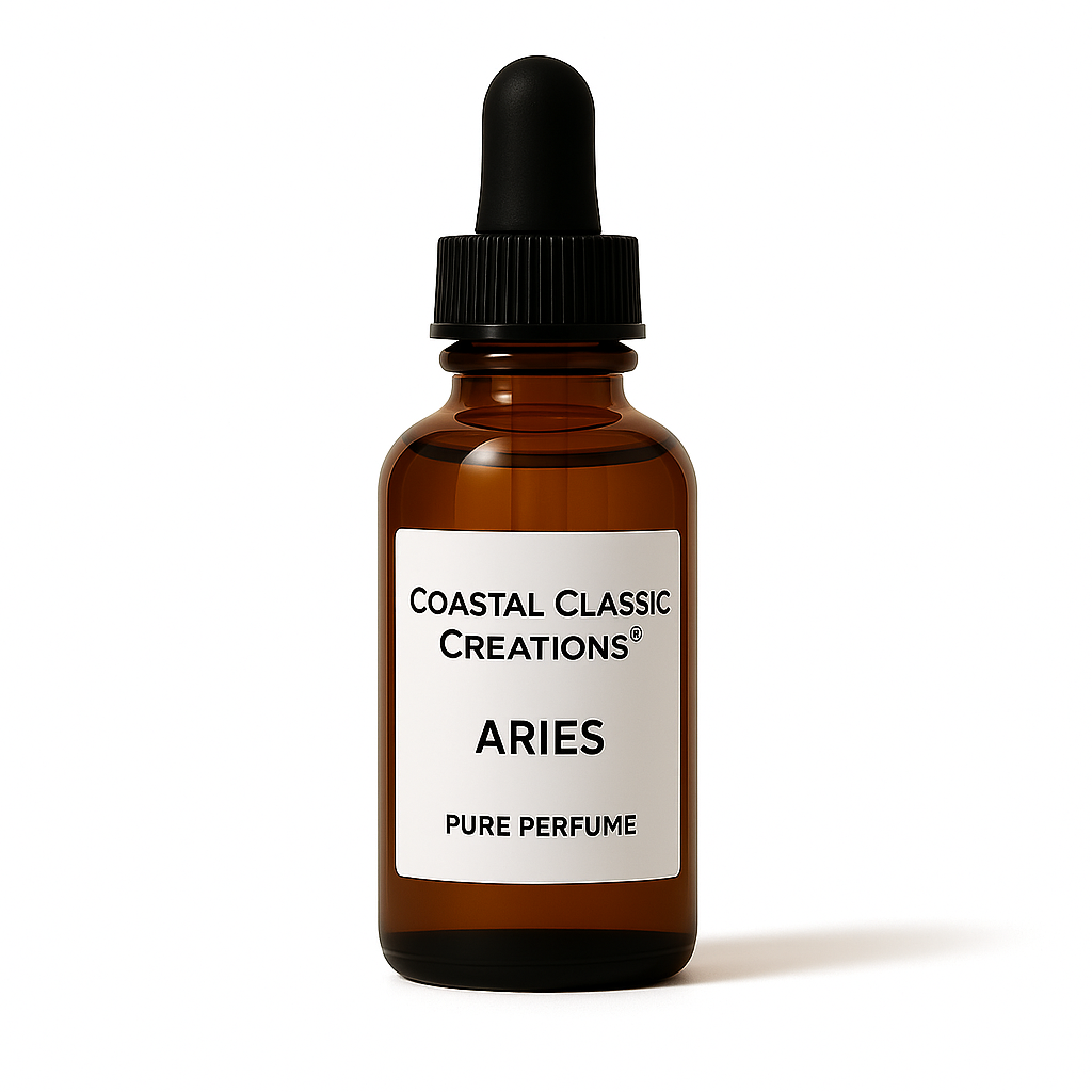 Amber dropper bottle of Aries Pure Perfume with white label and black cap, shown on a white background