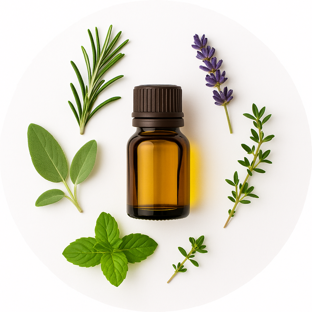 Amber dropper bottle with natural plant elements on a white background, representing essential and aromatherapeutic oils