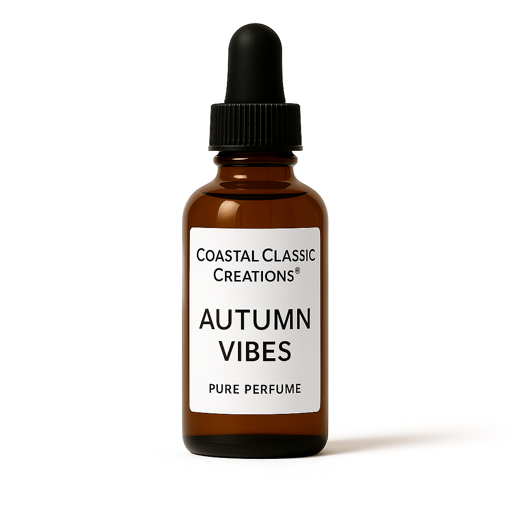 Bottle of Autumn Vibes Type Pure Perfume on a white background, reflecting notes of cardamom, pink pepper, nutmeg, maple, cedarwood, amber, and moss