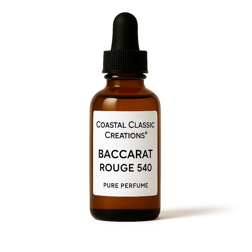 Brown glass bottle with a dropper labeled 'Baccarat Rouge 540' on a white background