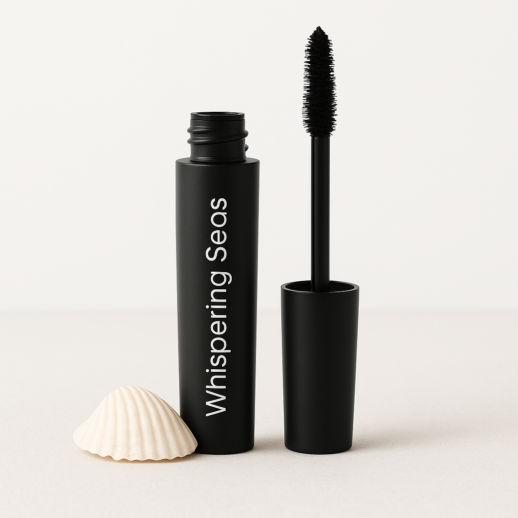 Whispering Seas Super Lash Mascara with matte black tube and wand beside a pale seashell on a soft white background, symbolizing mindful coastal elegance.