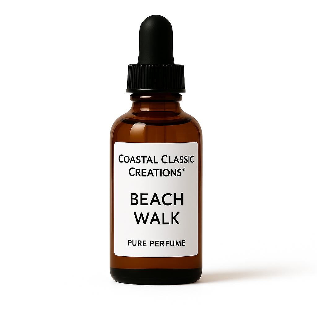Bottle of Beach Walk Type Pure Perfume on a white background, representing bergamot, coconut milk, tiare flower, jasmine, musk, and sandalwood