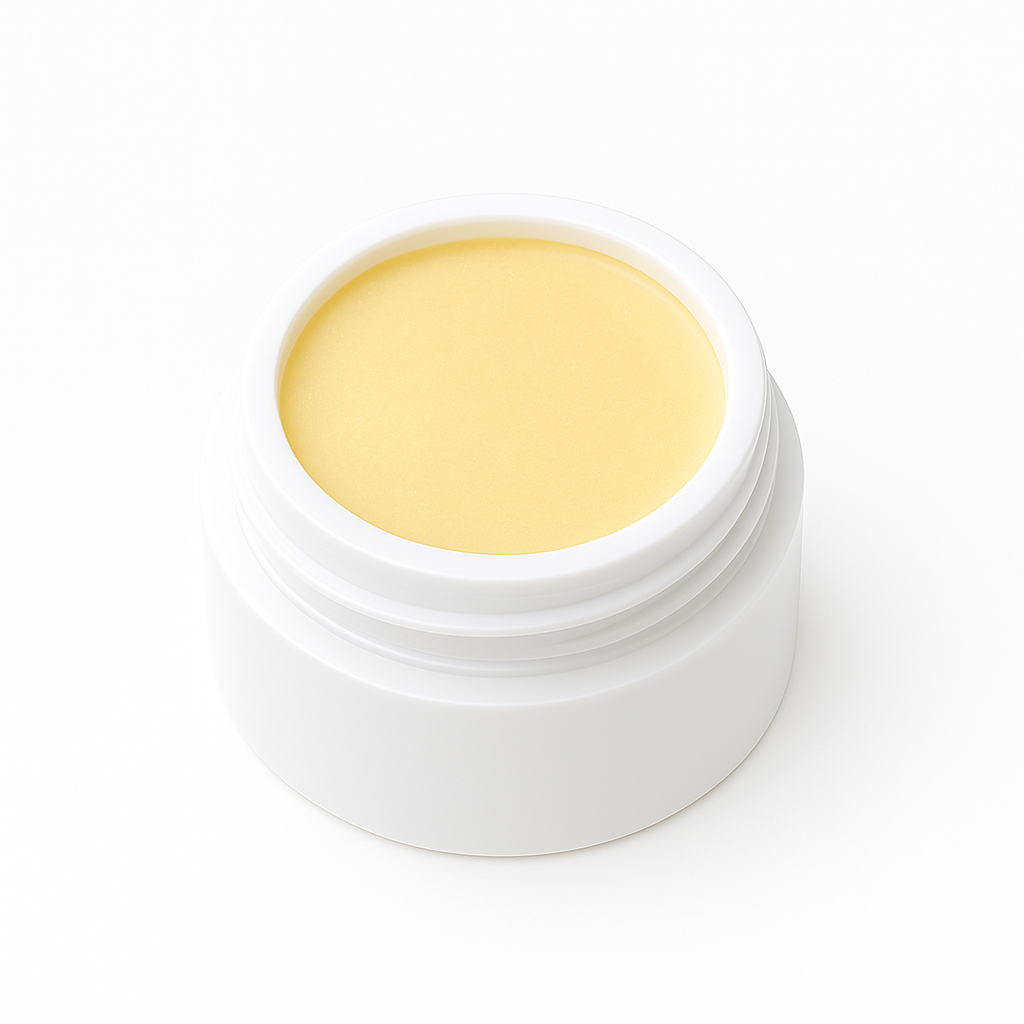White plastic jar of argan eye balm with smooth pale yellow surface, semi-gloss finish, viewed from above on a white background