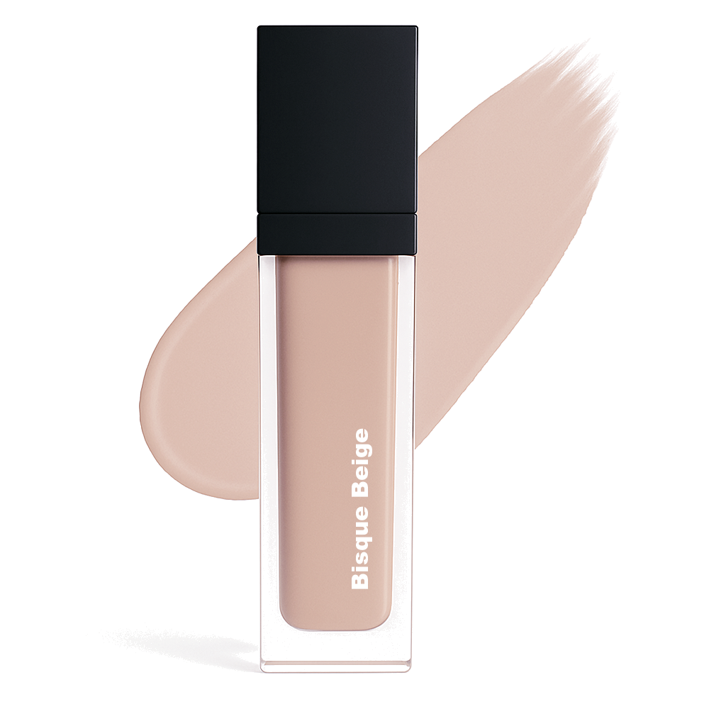 Bisque Beige concealer in clear square tube with black cap, shown with cool beige swatch on white background