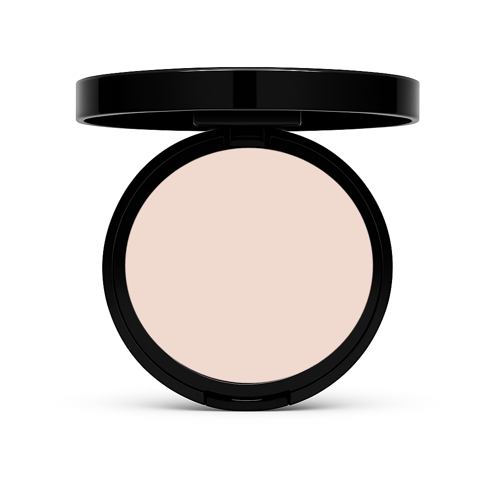 Open black compact of Matte Powder Foundation in Bisque with neutral-beige powder for fair-light skin on white background