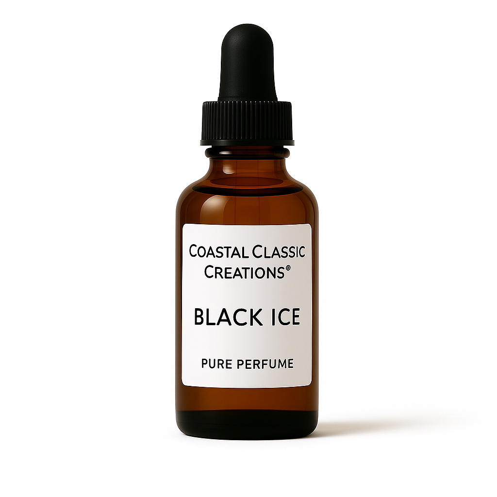 Black Ice Pure Perfume bottle with cool bergamot, mint, eucalyptus, and soft woods scent