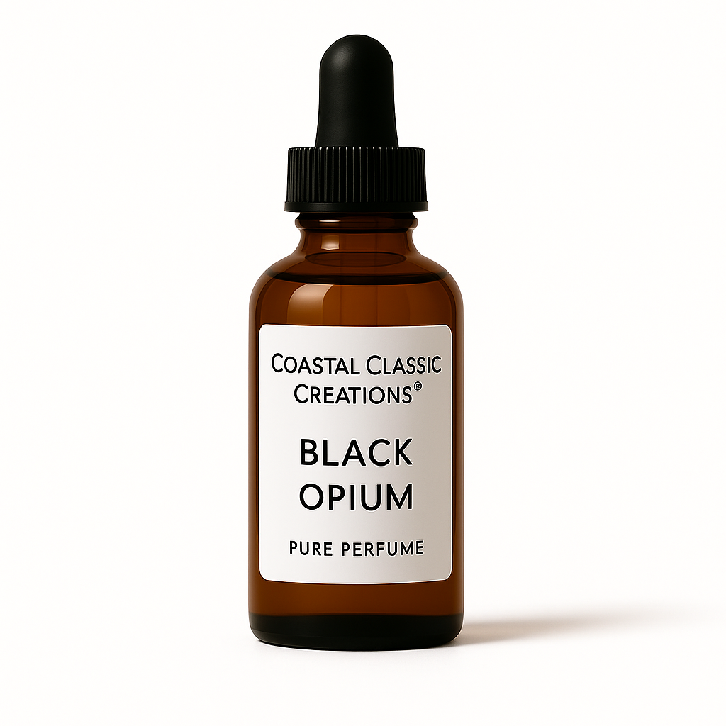 Amber glass dropper bottle labeled “Black Opium Pure Perfume,” shown against a white background.