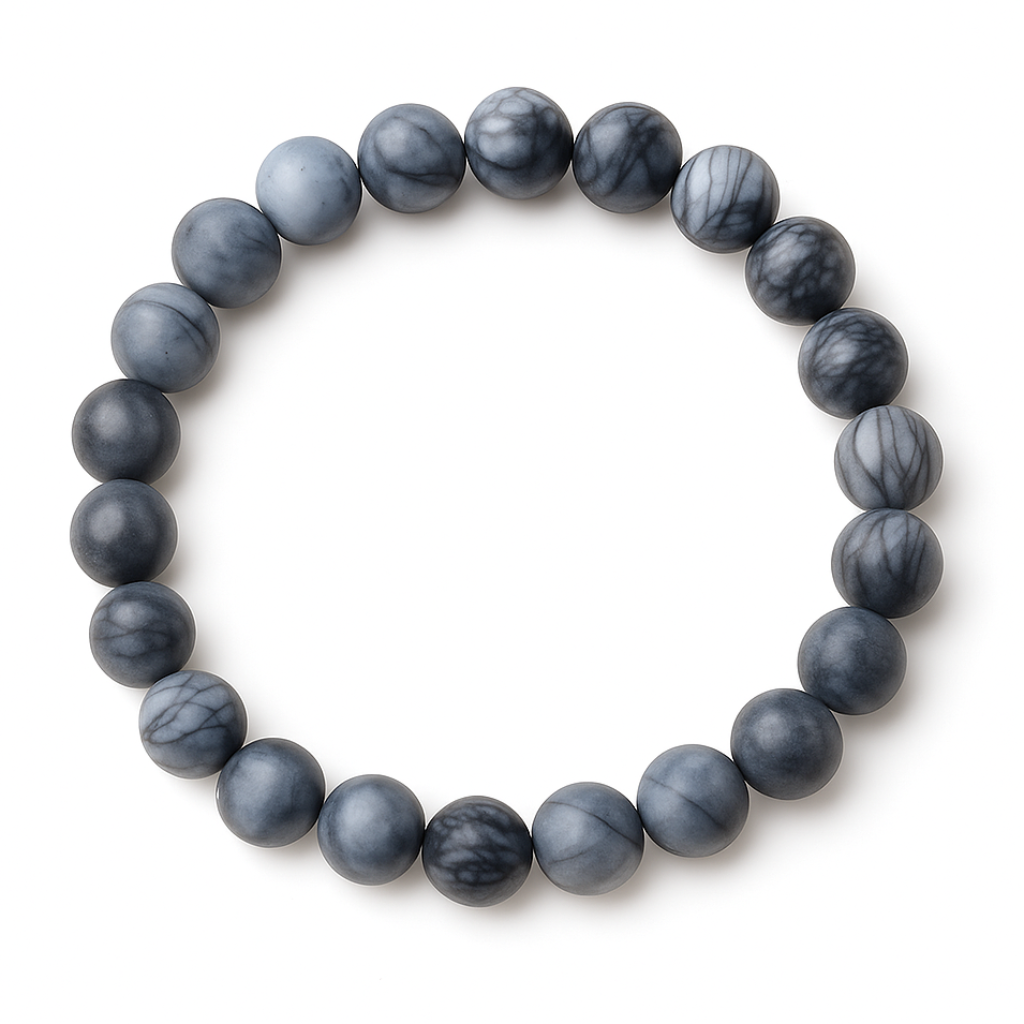 Circular bracelet with smooth matte black water jasper beads in smoky gray to deep slate tones, shown on white background