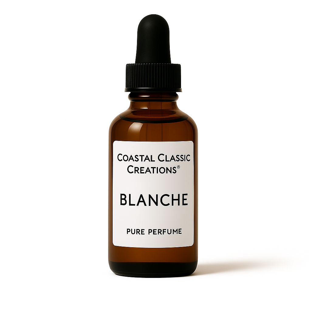 Blanche Pure Perfume by Coastal Classic Creations®, shown in a clear rectangular bottle with a white label and sleek minimalist aesthetic
