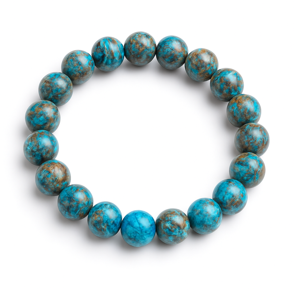 Round bracelet of polished blue calsilica jasper beads with turquoise and brown marbling on a clean white background