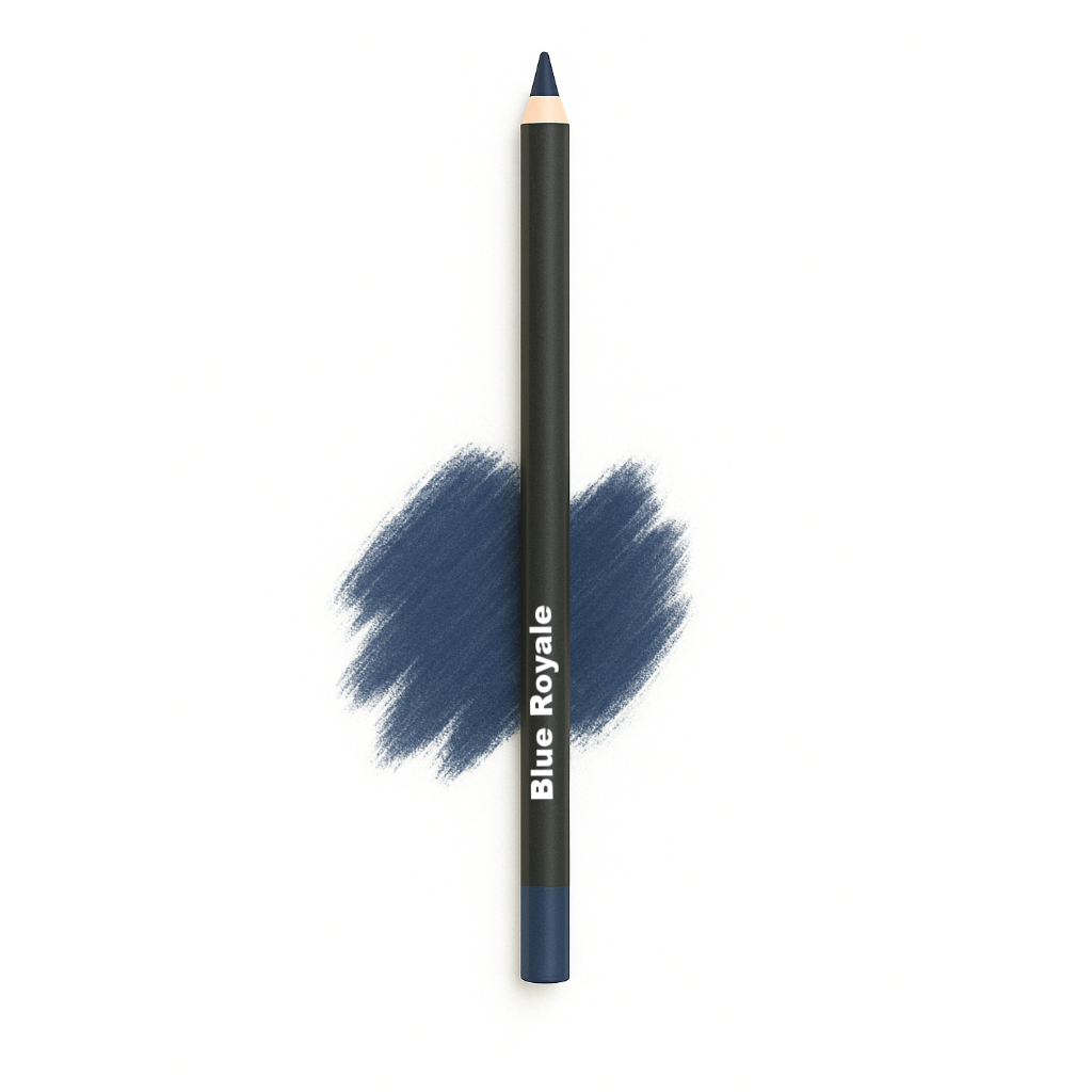 Vertical matte black eye crayon labeled “Blue Royale” over deep slate blue pigment swatch, sharpened tip on white background
