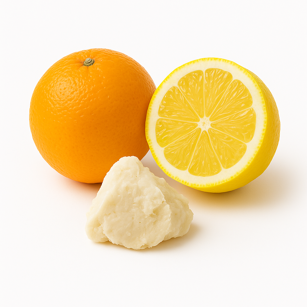 Arrangement of orange and lemon halves with raw shea butter chunks on a pure white background, symbolizing botanical butters