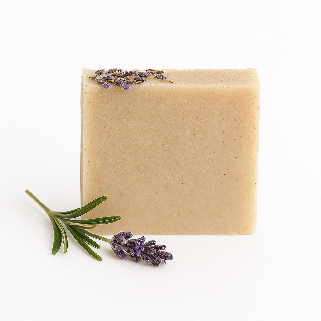 Square-shaped oatmeal-colored botanical soap bar with a sprig of rosemary and lavender on a white background