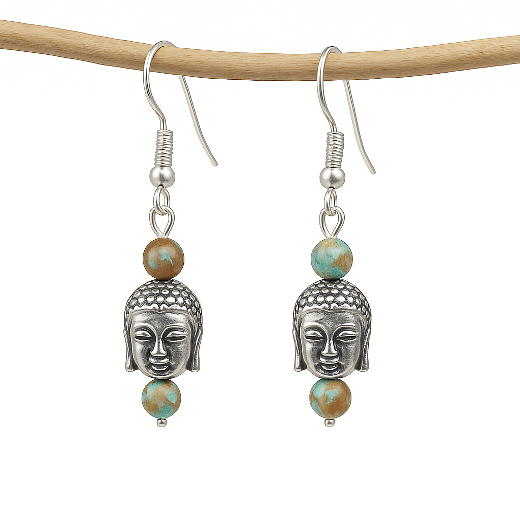 Silver drop earrings with Buddha head charms and blue calsilica jasper beads, shown hanging on wooden rod against white background