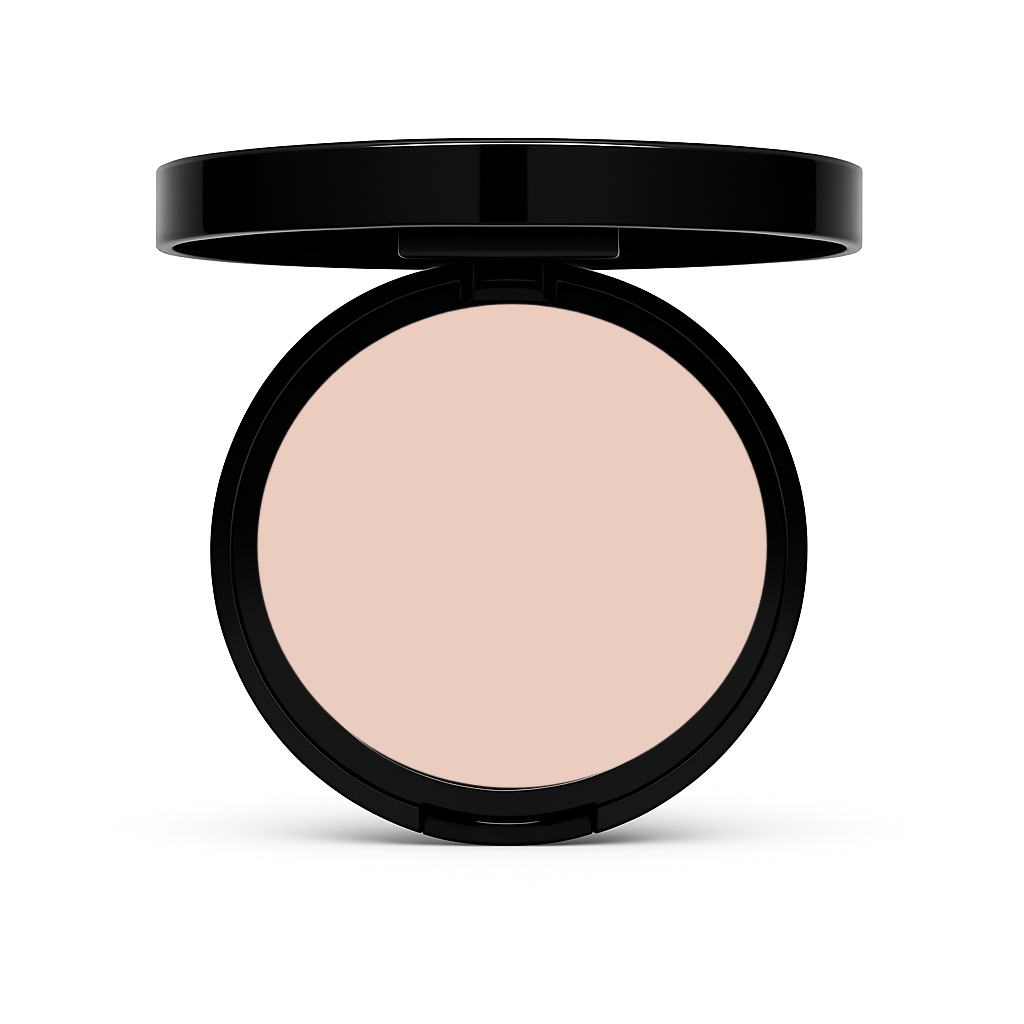 Open black compact of Matte Powder Foundation in Buttery Beige with soft beige pressed powder for light–medium warm skin on white background