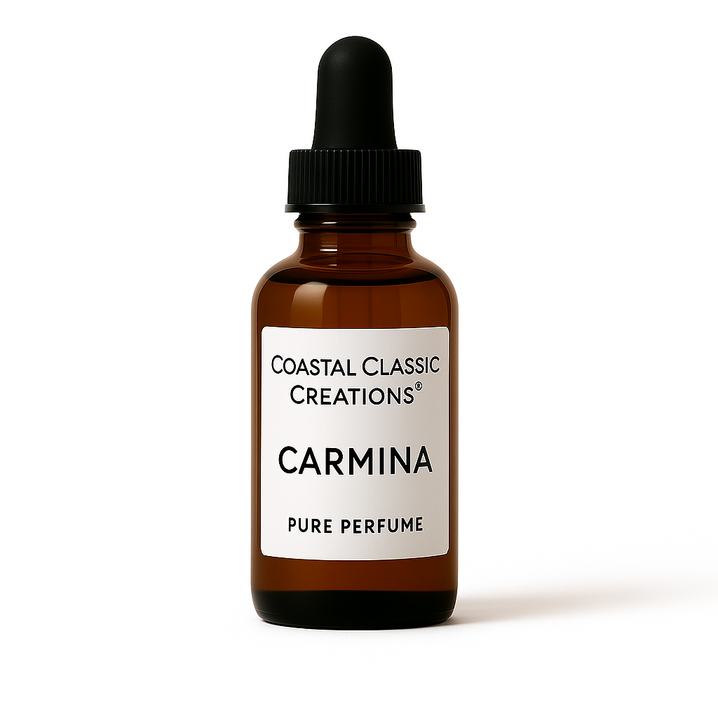 Bottle of Carmina Type Pure Perfume with amber-floral notes including pink pepper, saffron, Rose de Mai, and cashmere wood