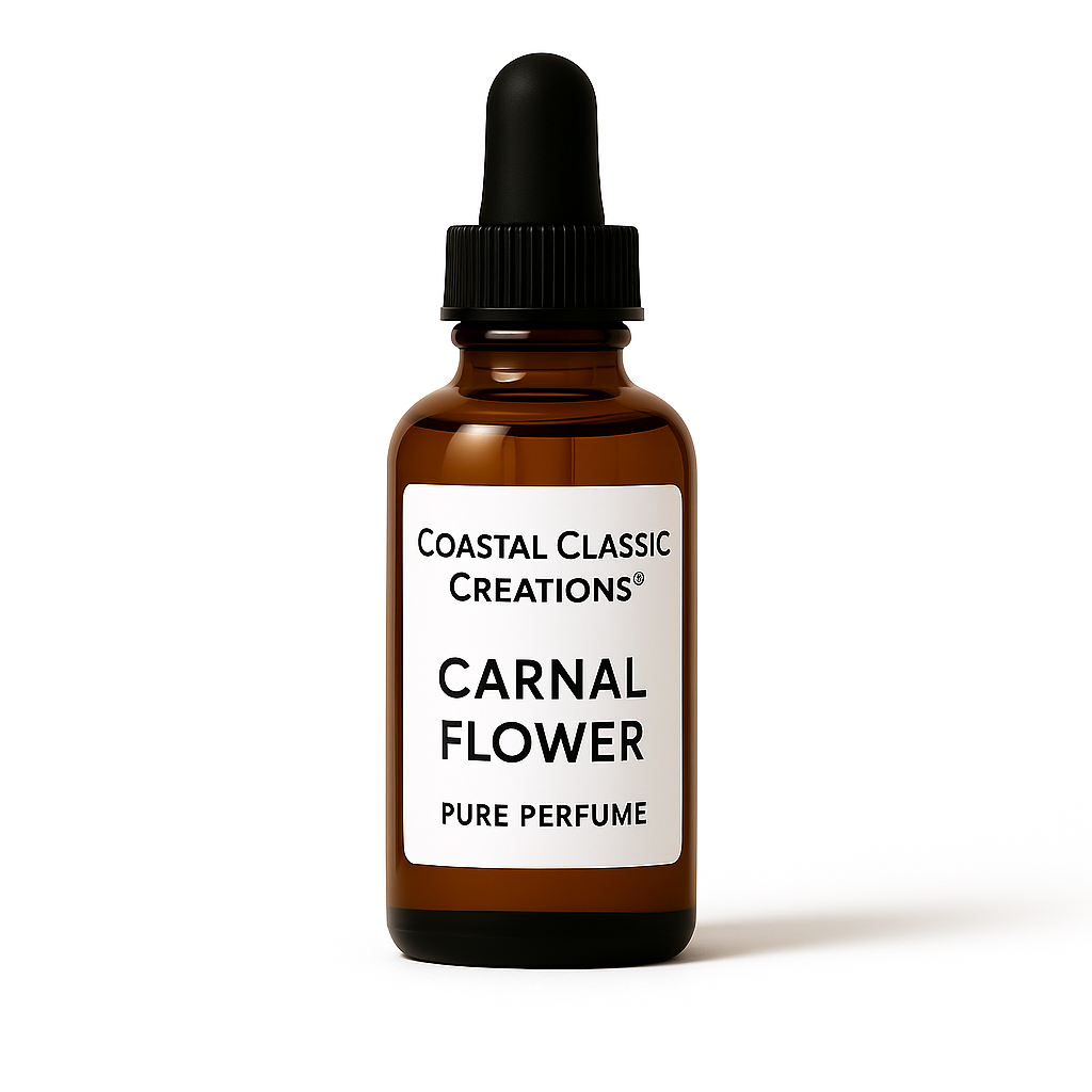 Carnal Flower Pure Perfume by Coastal Classic Creations®, shown in a clear bottle with a clean white label for a refined, modern presentation
