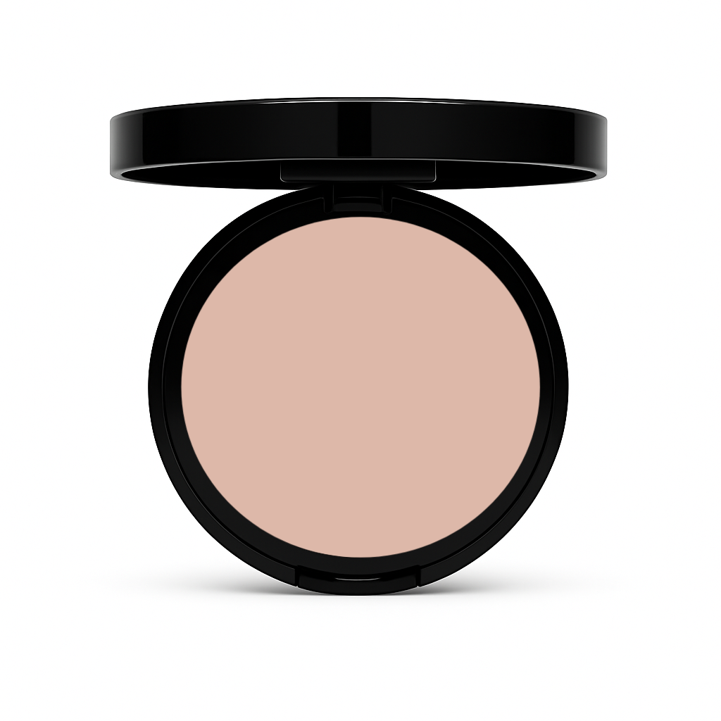 Open black compact of Matte Powder Foundation in Cashew with medium beige pressed powder for medium skin on white background