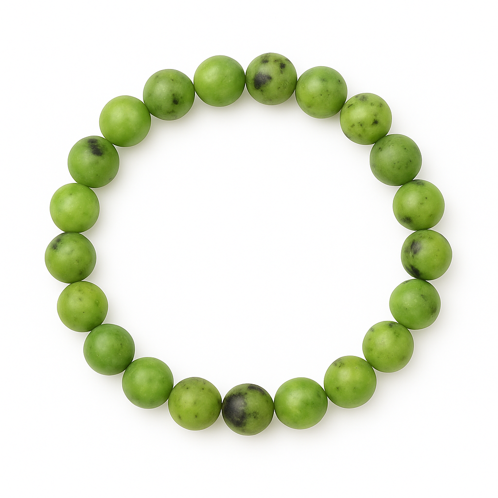 Stretch cord bracelet with polished 8mm China Chrysoprase, arranged in a circle on a white background
