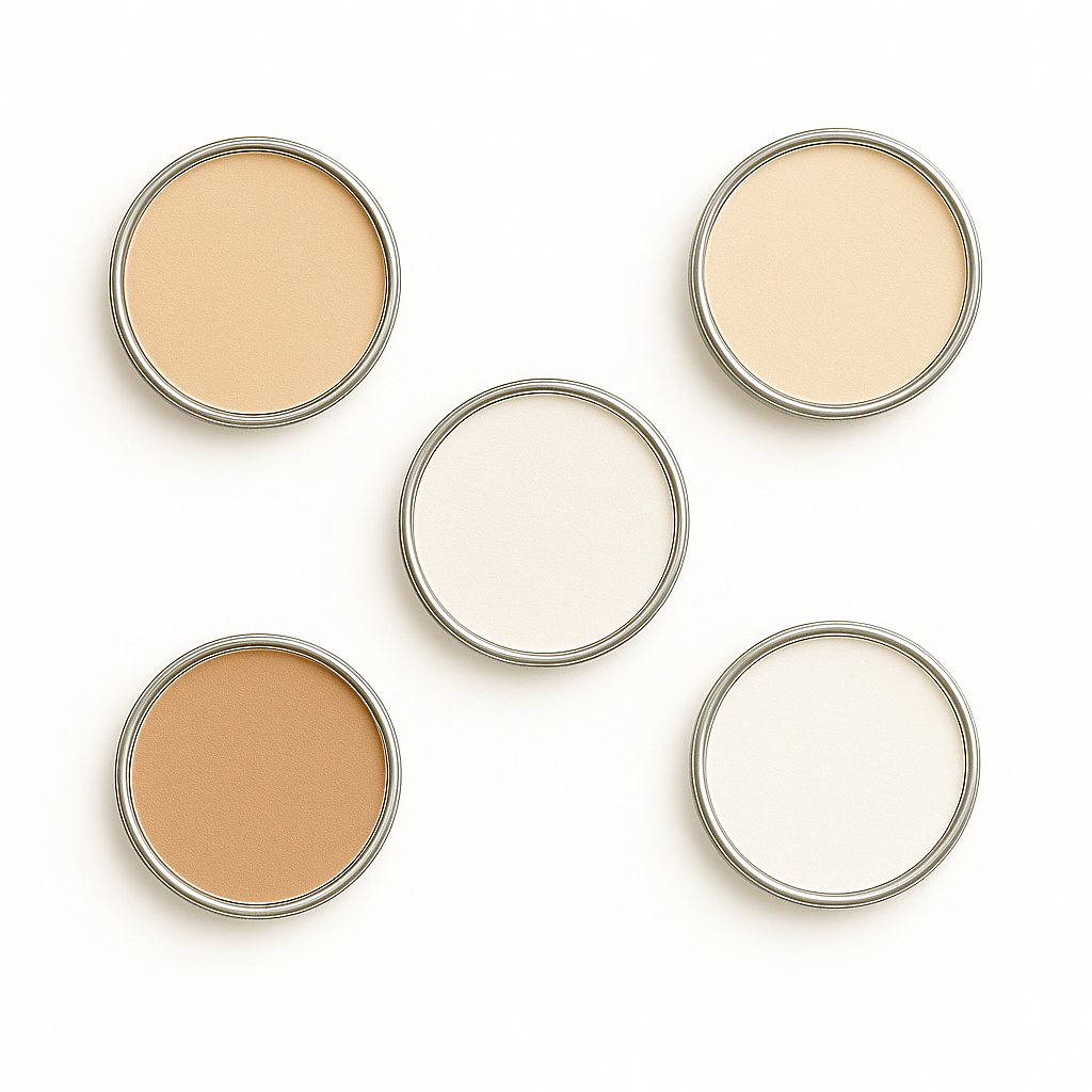Five round cosmetic tins arranged in a soft star pattern on a pure white background, each containing smooth pressed powders in shades of soft white kaolin clay, creamy light beige foundation, neutral ivory concealer, off-white translucent finishing powder, and warm golden beige concealer.