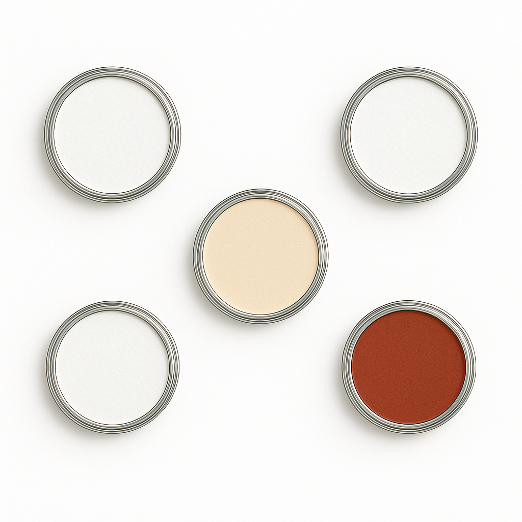 Top-down view of five round powder jars in a star pattern, four light neutrals and one deep terracotta on white background