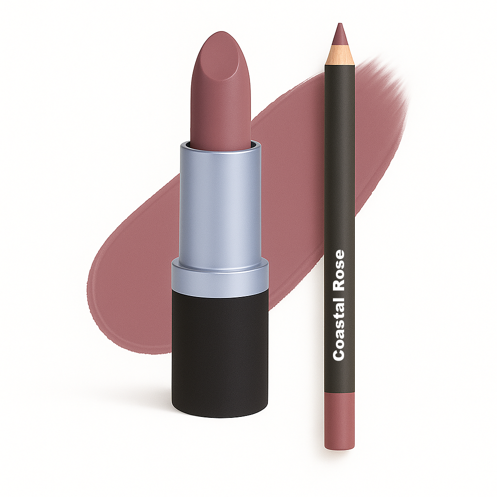 Coastal Classic Creations® Classic Lip Duo featuring a mauve-toned lipstick and matching lip liner in the shade Coastal Rose, shown with a swatch on white background