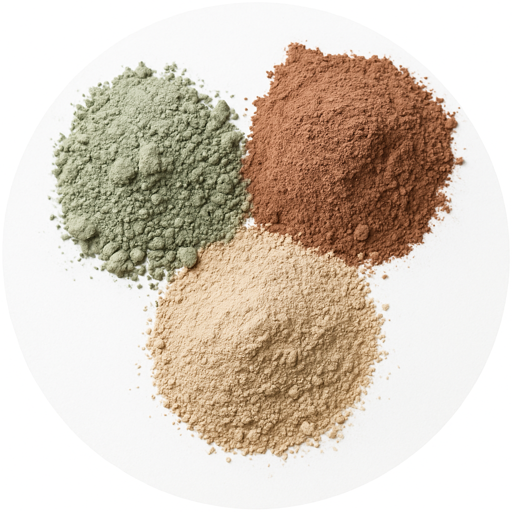 Three textured mounds of cosmetic clays in muted green, warm brown, and soft beige on a white background