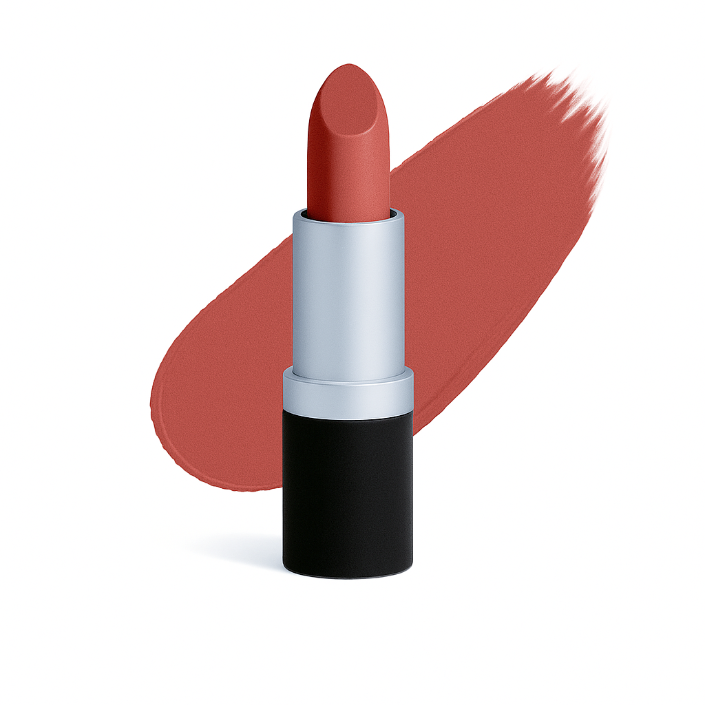 Coastal Bloom matte lipstick in a warm nutmeg shade on a pure white background with a soft matte finish.