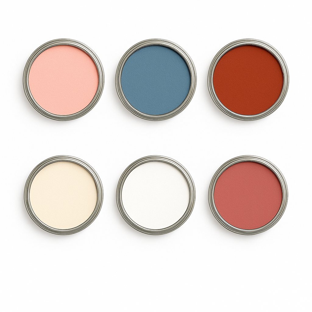 Top-down view of six jars with coral pink, denim blue, terracotta, ivory, white, and rosewood shades on white background
