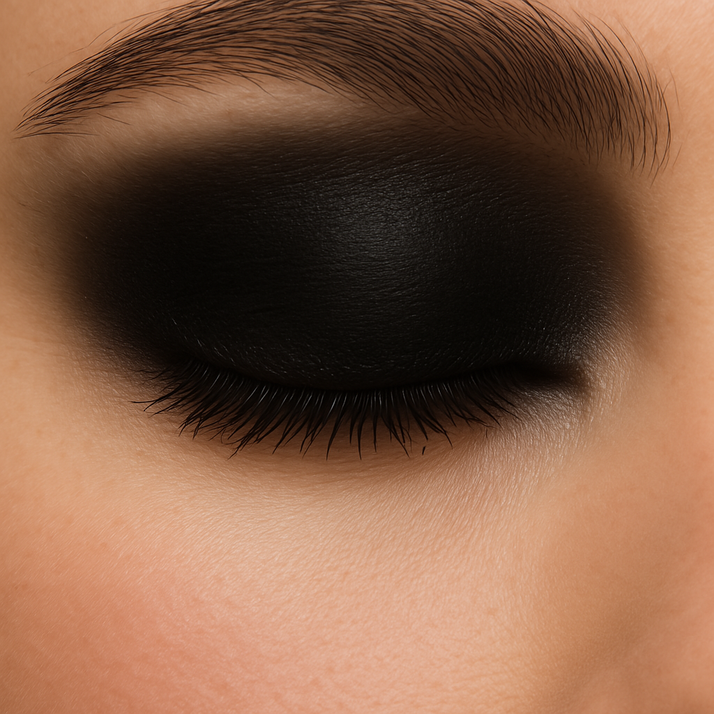 A closed eye with matte eyeshadow in obsidian applied across the eyelid