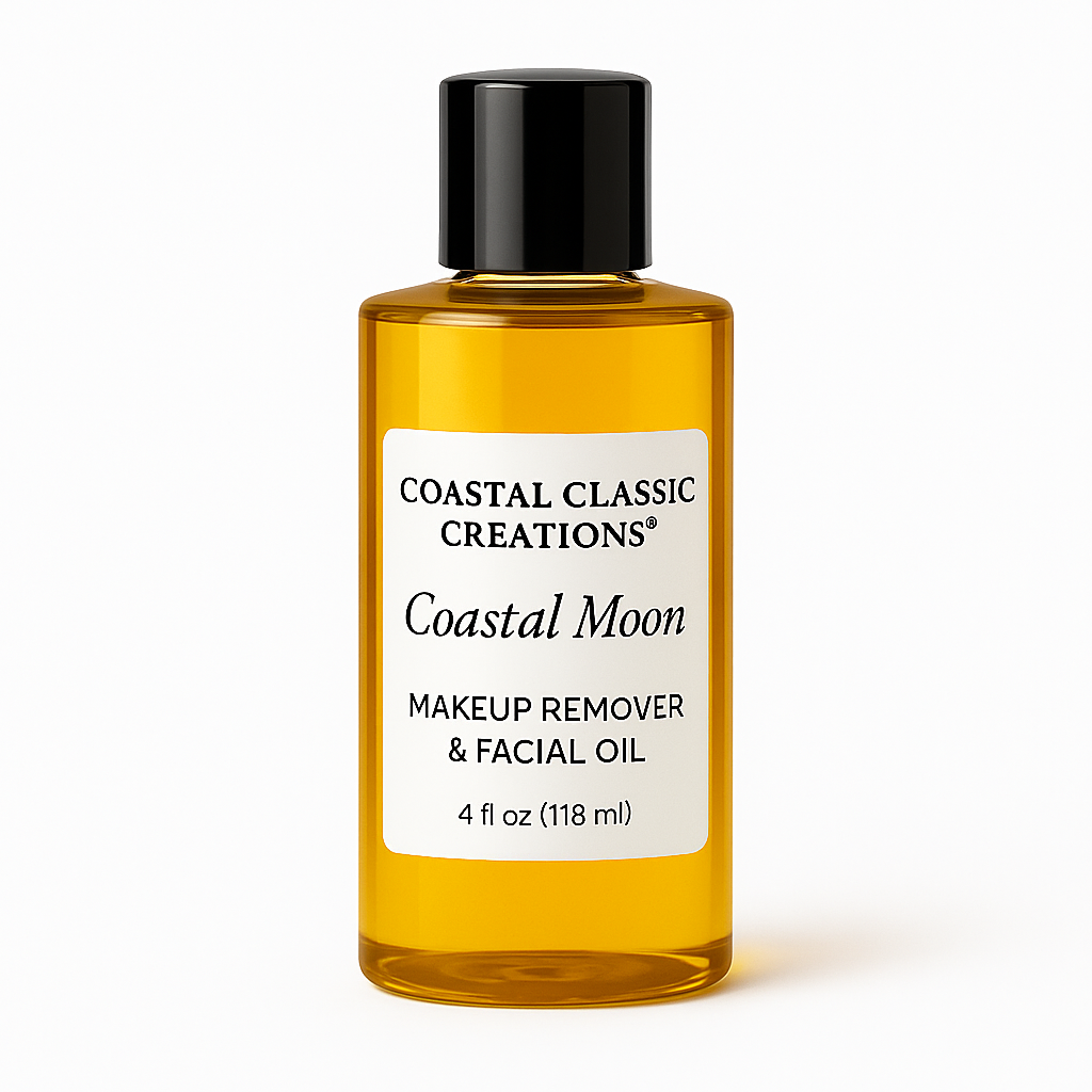 Coastal Moon Makeup Remover & Facial Oil in clear amber bottle with black cap and label, displayed on a white background