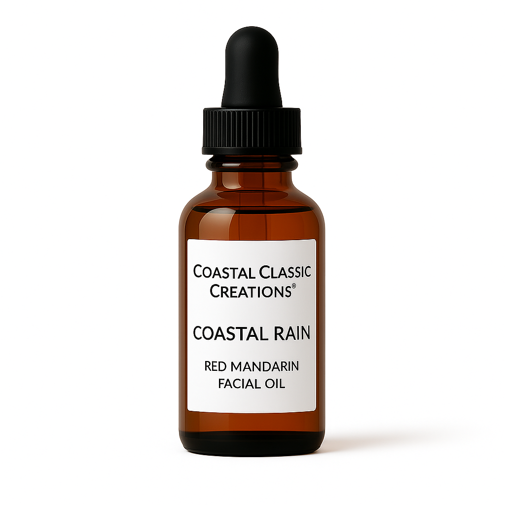 Coastal Rain Red Mandarin Facial Oil by Coastal Classic Creations® shown in an amber glass bottle with black dropper top and minimalist white label, displayed on a pure white background