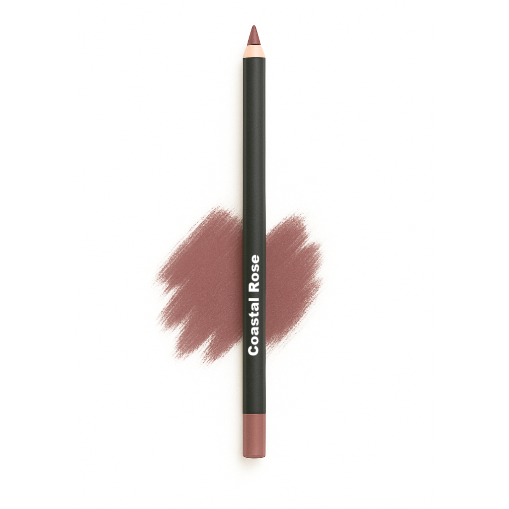 Vertical sleek lip crayon labeled “Coastal Rose” with soft rosewood swatch behind on white background