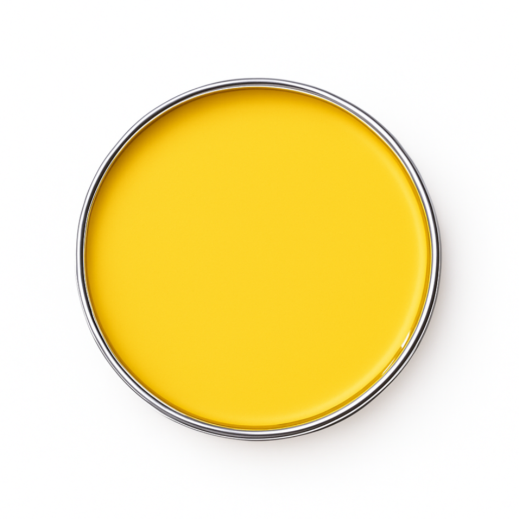 Top-down view of metal tin with orange butter face cream, smooth glossy surface, shown on a clean white background