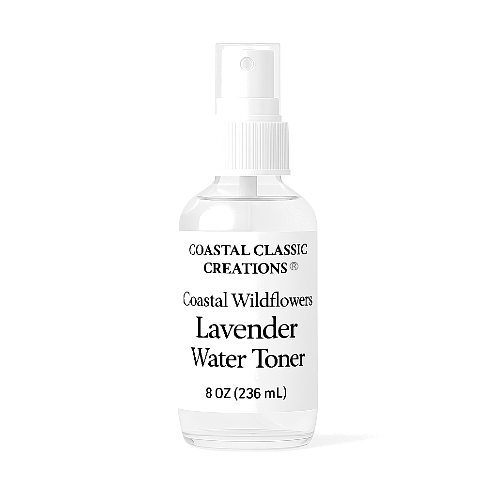 Coastal Wildflowers Lavender Water Toner in 8 oz clear spray bottle with white pump top