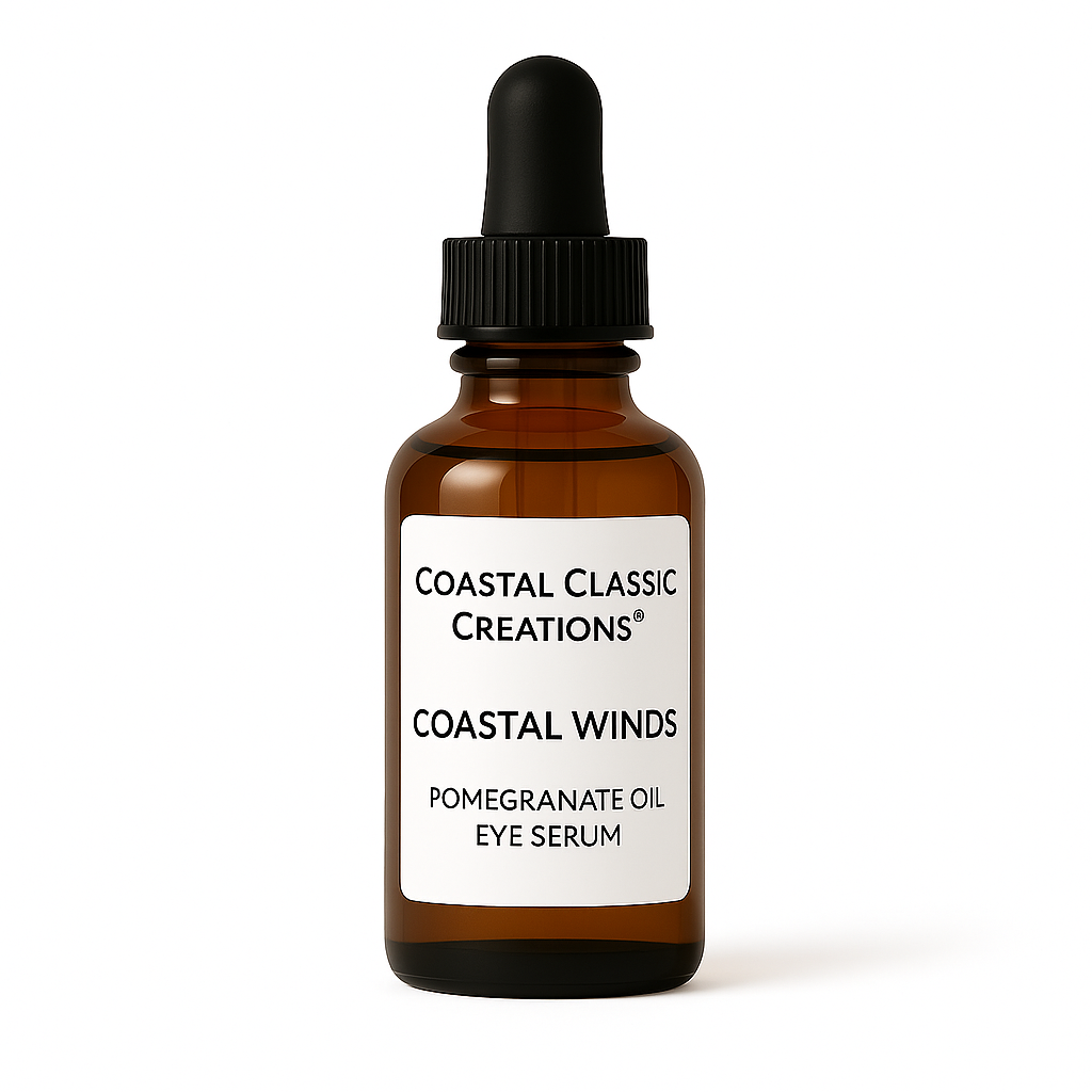 Coastal Winds Pomegranate Oil Eye Serum in amber glass dropper bottle with white label, displayed on a pure white background