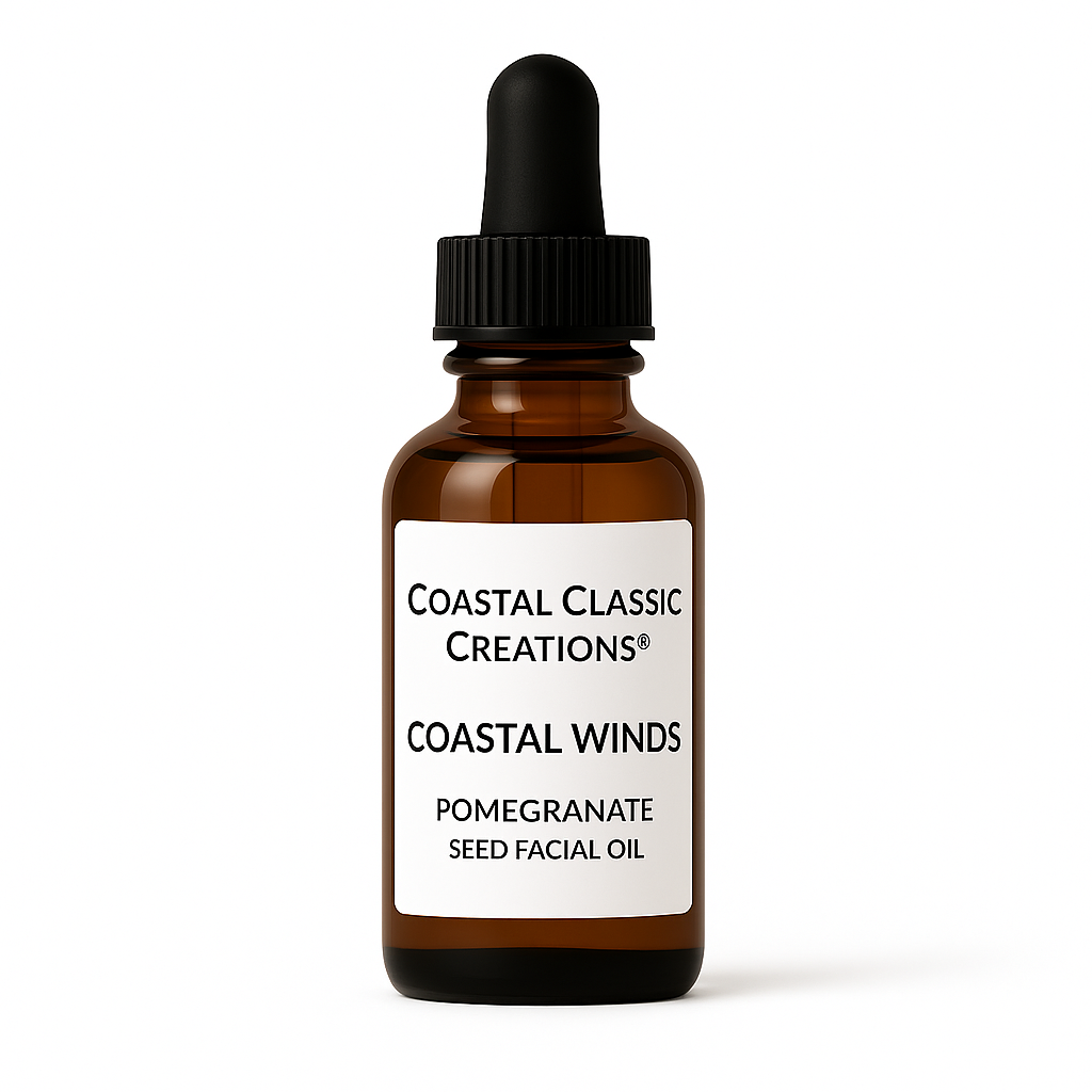 Coastal Classic Creations® Coastal Winds Pomegranate Seed Facial Oil in amber glass bottle with dropper cap, displayed on white background