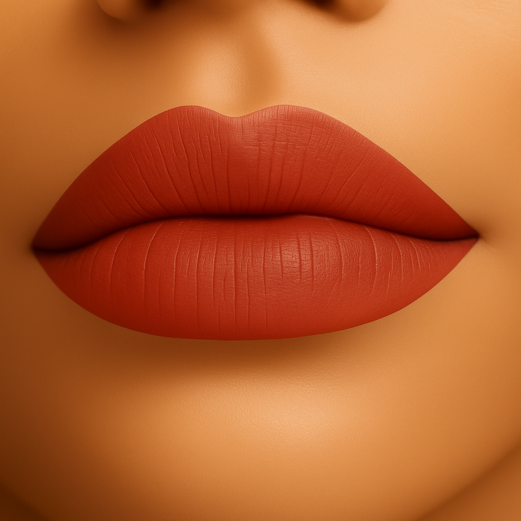 Lips wearing Coastal Bloom matte lipstick in a warm nutmeg hue with a smooth, velvety matte texture.