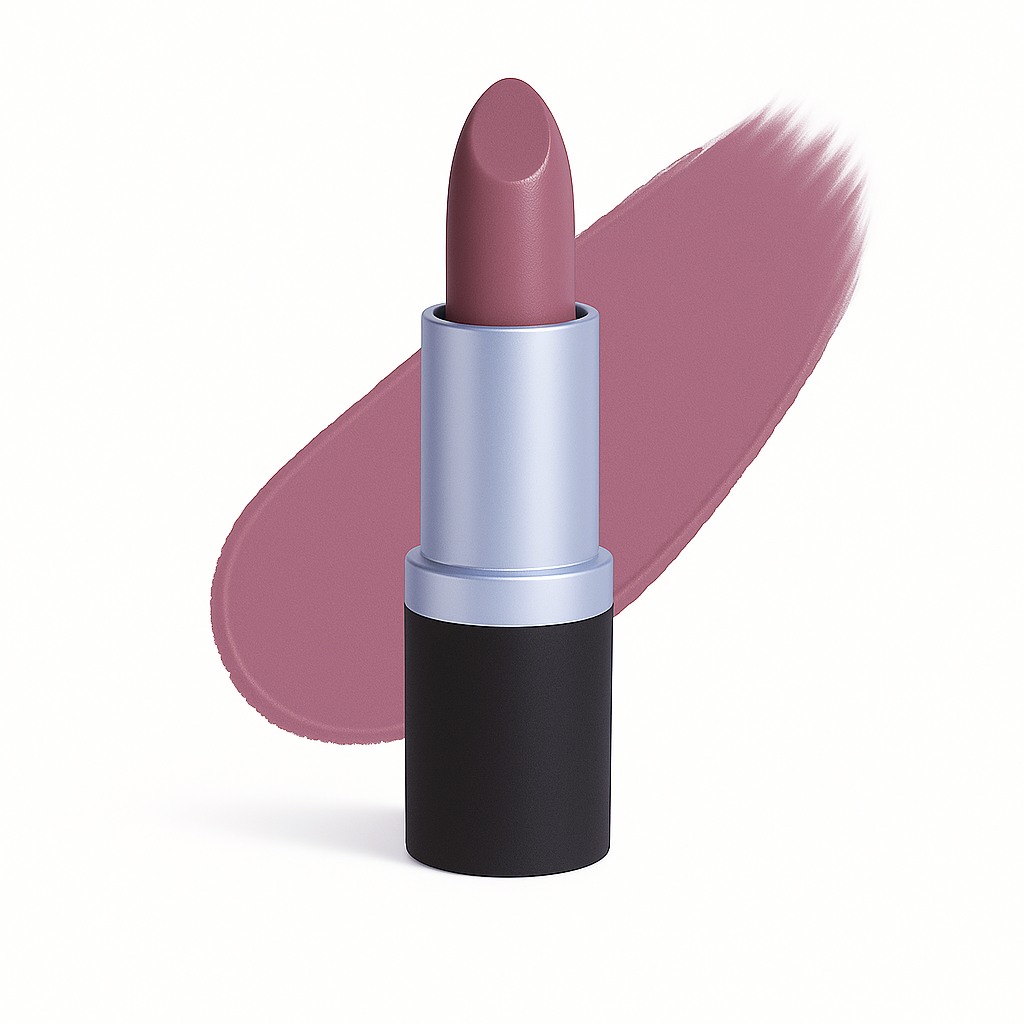 Lipstick in a mauve-berry shade with a creamy satin finish, shown upright with swatch, in silver and black tube on white background