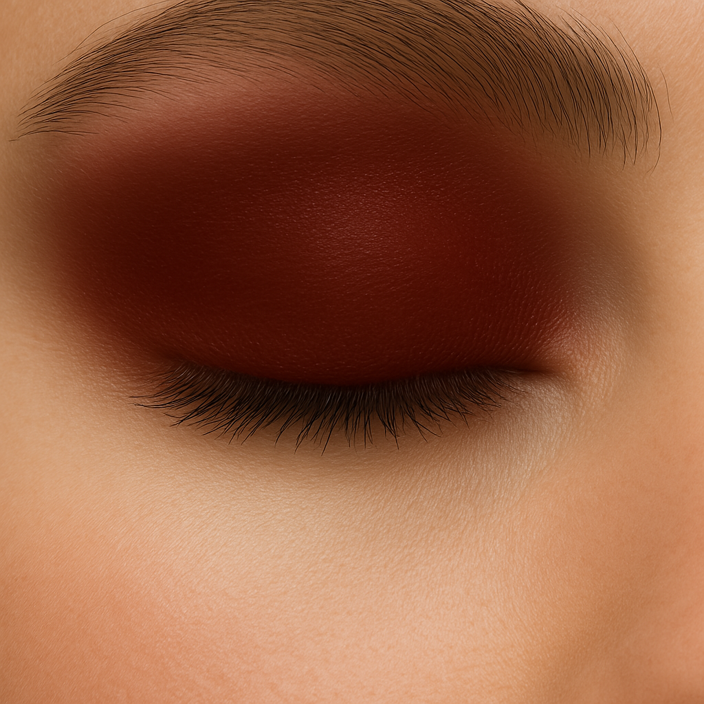 A closed eye with matte eyeshadow in earthy brick red applied across the eyelid.