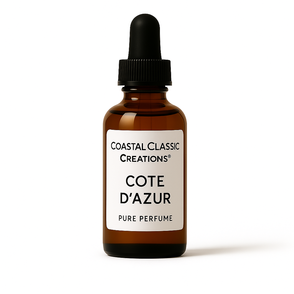Brown glass bottle with dropper labeled 'Cote d'Azur' by Coastal Classic Creations on a white background