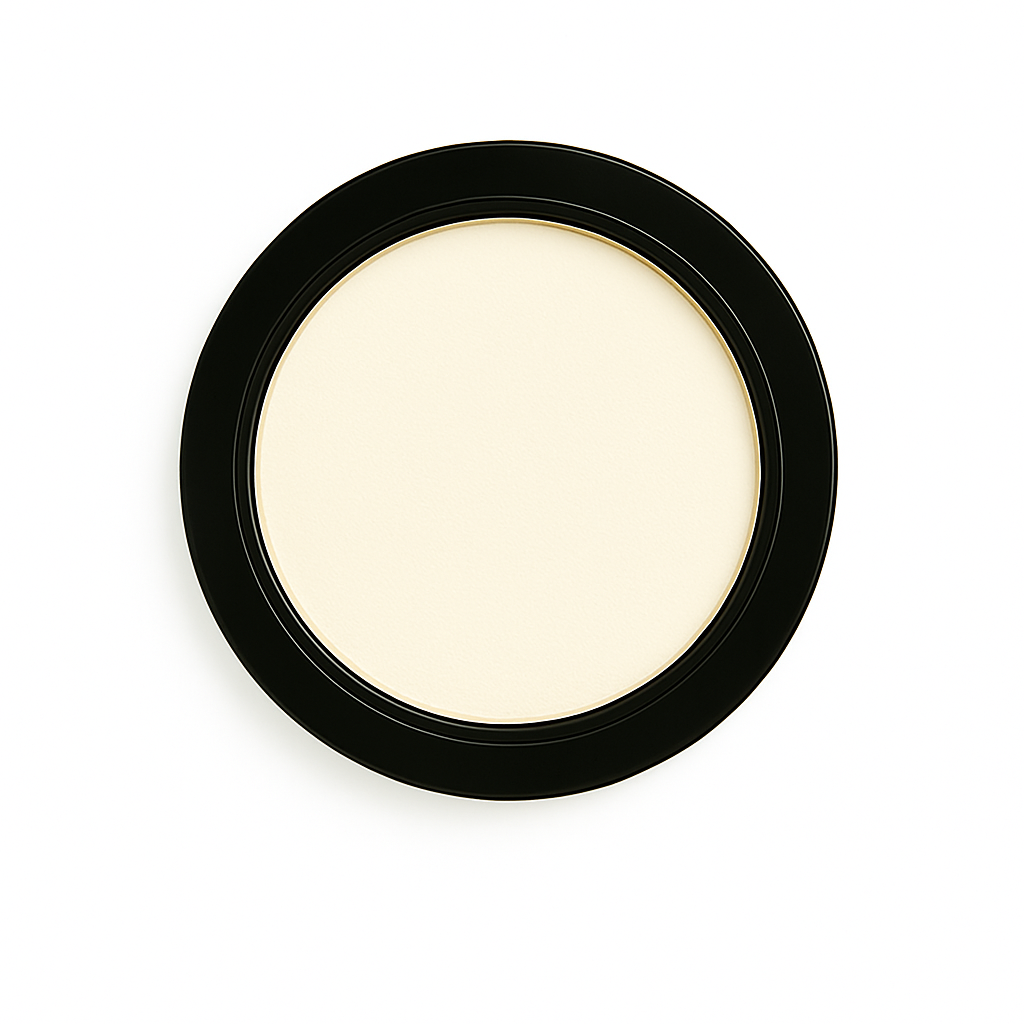 Round pan of creme matte eyeshadow in a black compact, displayed on a clean white background