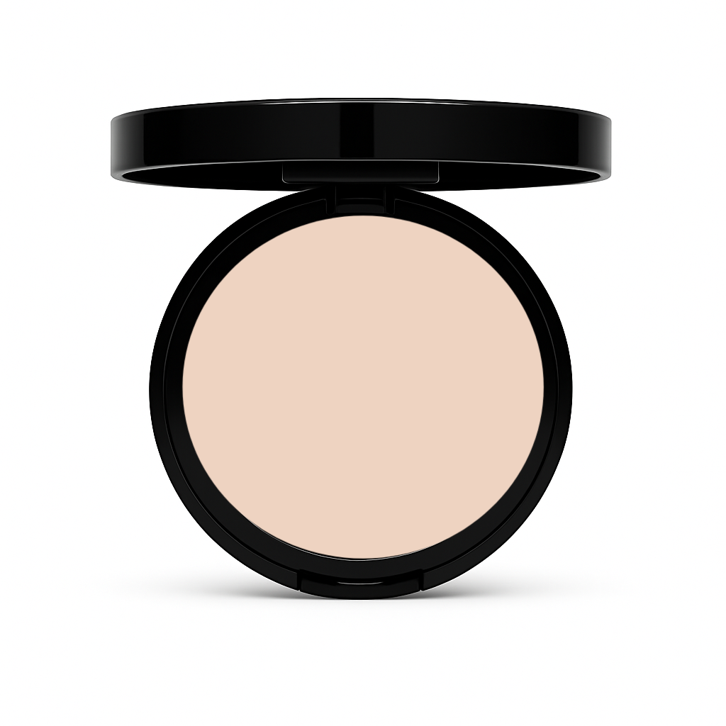 Open compact of Matte Powder Foundation in Dark Tan with warm golden-tan pressed powder in black case on white background